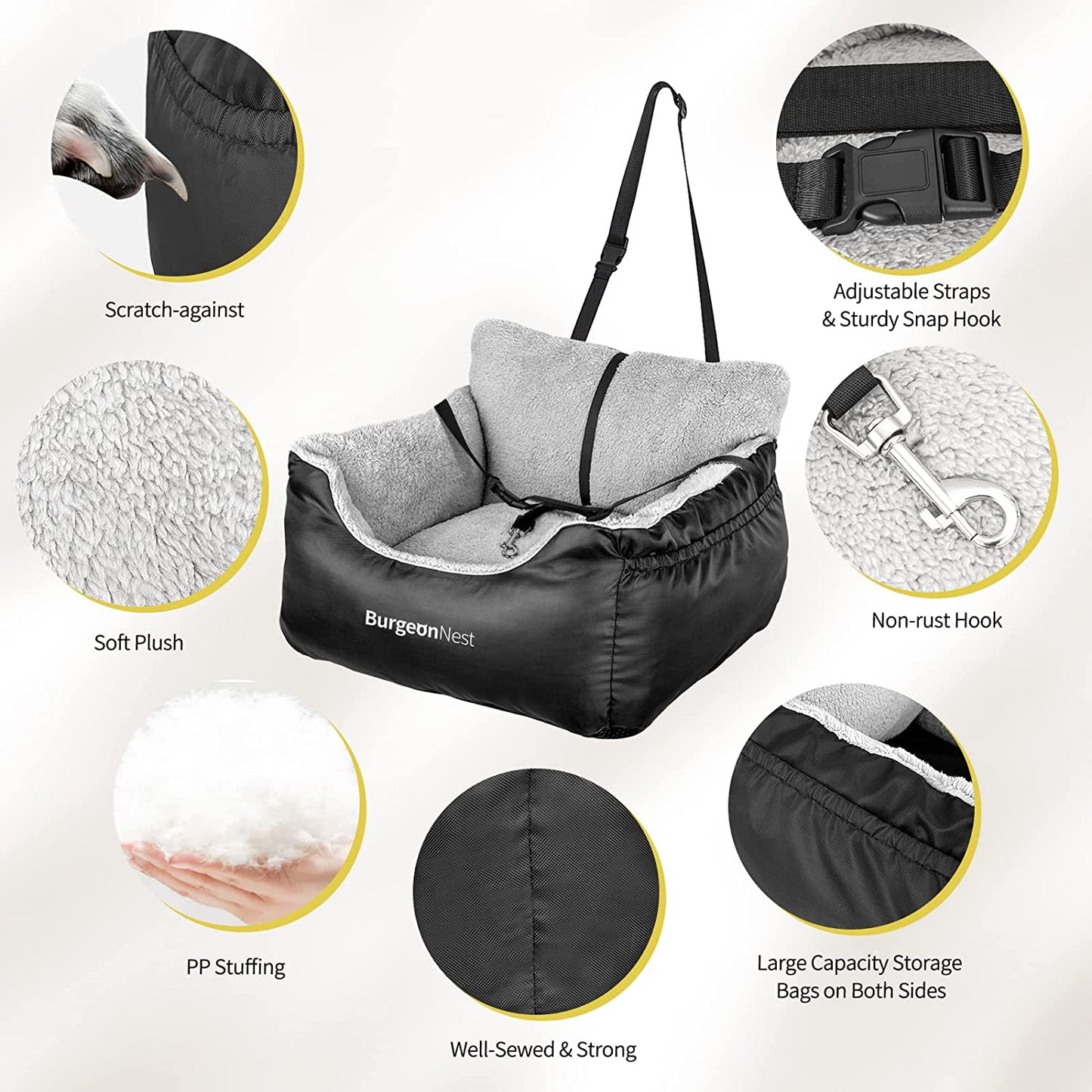 Dog Car Seat for Small Dogs, Soft Pet Car Travel Home Bed under 25 Lbs, Fully Detachable and Washable Cat Booster Carseats with Storage Pockets and Clip-On Leash Portable Carrier,Black