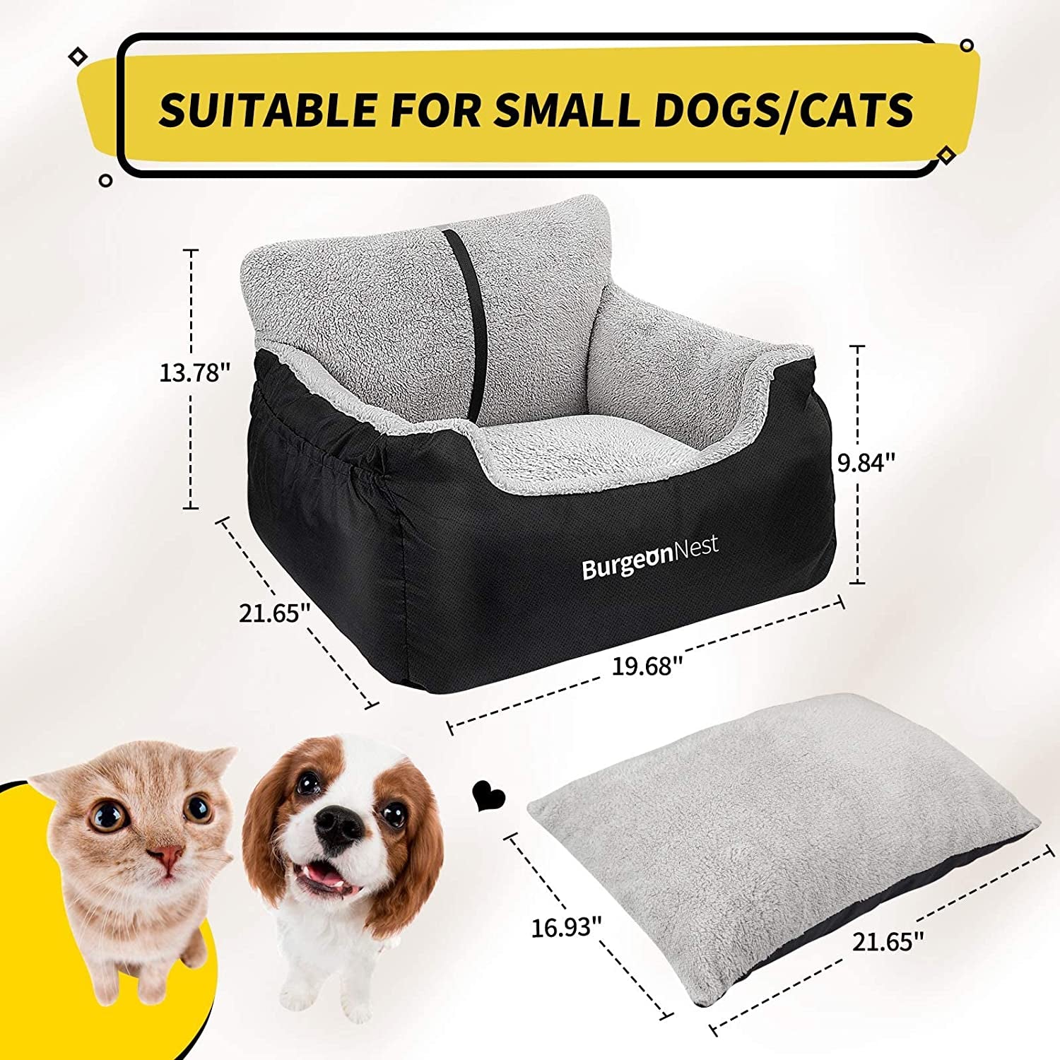 Dog Car Seat for Small Dogs, Soft Pet Car Travel Home Bed under 25 Lbs, Fully Detachable and Washable Cat Booster Carseats with Storage Pockets and Clip-On Leash Portable Carrier,Black