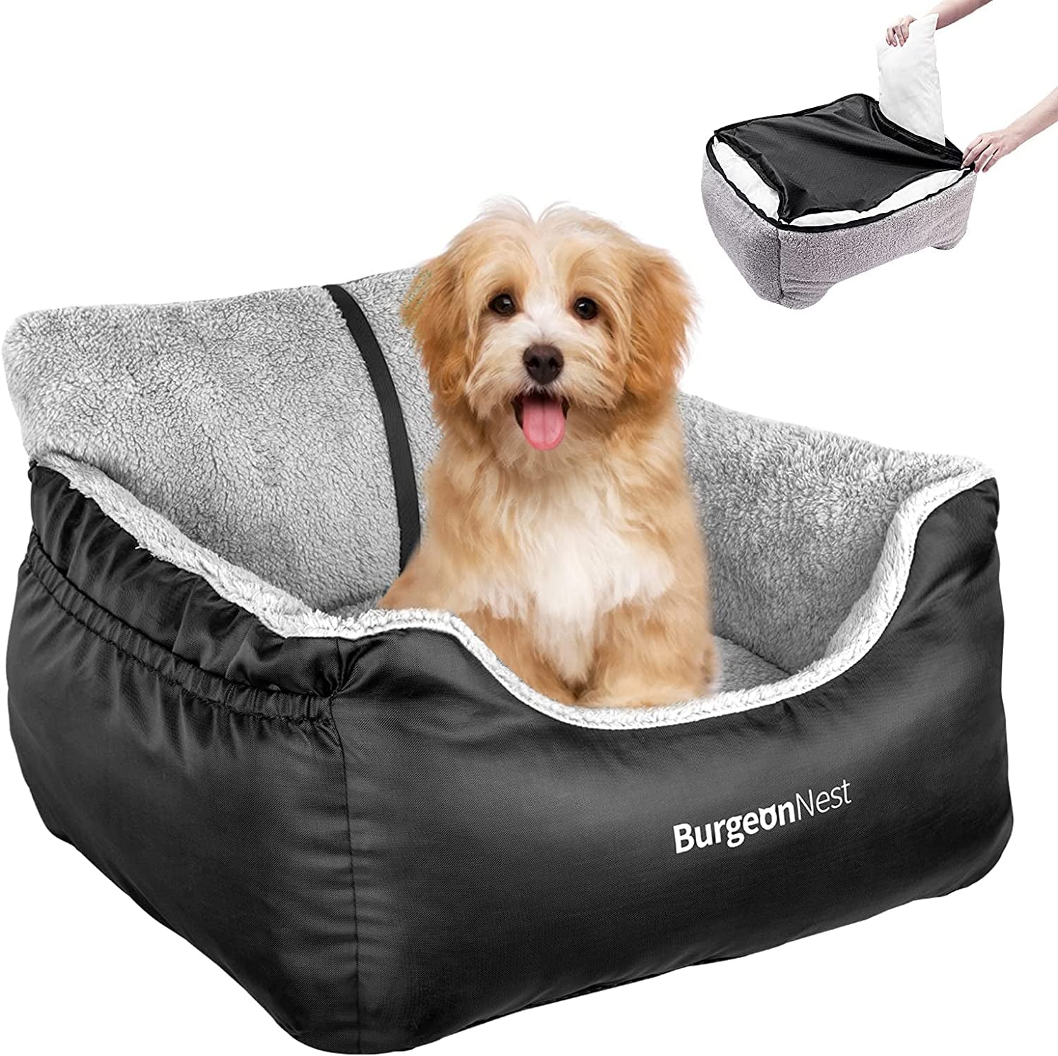 Dog Car Seat for Small Dogs, Soft Pet Car Travel Home Bed under 25 Lbs, Fully Detachable and Washable Cat Booster Carseats with Storage Pockets and Clip-On Leash Portable Carrier,Black